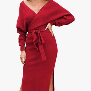 Red Knit Sweater Midi Dress